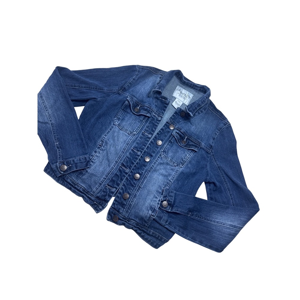 American Rag Cie Womens Blue Denim Trucker Jacket Dark Wash Stretch Large